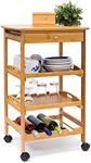 Relaxdays James Kitchen Cart Size: Large, Bamboo: 80.5 x 50 x 37 cm Serving Rolling Cart w/ Drawer & 2 Trays Rolling Wooden Kitchen Trolley W/ Storage Space For Plates & Wine Bottle Rack, Natural