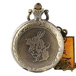 Alice in The Wonderland Themed Bronze Quartz Pocket Watch Girl Women Sweater Necklace Chain Clock with Drink Me Rabbit Accessory