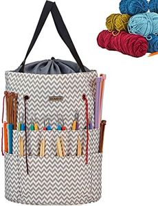 HOMEST Large Crochet Bag with Customized Front Compartment for Knitting Accessories, Yarn Storage with 6 Oversized Grommets, Tote Organizer with Drawstring Closure, Ripple, Bag Only