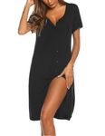 Ekouaer Women's Nightshirt Short Sleeve Button Down Nightgown V-Neck Sleepwear Pajama Dress, Black, Large