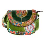 Macha Ethnic Cotton Bag with Colourful Prints and Leather Inserts, Shoulder Bag for Women Ethnic Indian Colourful (Green)