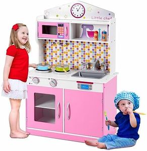 HONEY JOY Kids Kitchen Playset, Pretend Chef Cooking Play Set for Children with Microwave, Pan, Sink, Storage Cabinet, Stove, Cookware Accessories Kitchen Play Toy Set for Boys Girls (Pink)