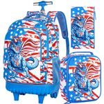 3pcs Rolling Backpack for Boys, Kids Roller School Backpack with Wheels, Teens College Dinosaur Wheeled Bookbag with Lunch Box (Blue)