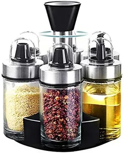 Mlici Oil and Vinegar Dispenser Set of 6 Bottles, Stainless Steel Salt and Pepper Holder with 360° Rotating Holder, Cruet Soy Sauce Dispenser - Premium Glass Condiment Set for Kitchen, Tabletop