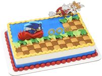 DecoSet Sonic The Hedgehog Cake Topper, 3-Piece Decoration Set With Tails & Knuckles Cake Pic, Rings Cake Pic And Rolling Sonic Action Figurine, For Birthday And Celebrations