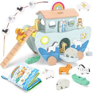 Joydaily Wooden Noah's Ark Toy for 1-3 Year Old Baby Boy Girl Baptism Gifts