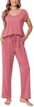 Ekouaer Womens Pajamas Set Short Sleeve Sleepwear Long Pants Lounge Set 2 Piece Pjs Soft Loungewear with Pockets,Purple Red,XXL