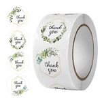 1" Small Thank You Stickers 500 pcs Green Plants Fresh Round Labels Stickers Business Thanks Tags Paper Label Decorate Sticker for Packaging Gift，Greeting Cards, Weddings, Crafts(White)