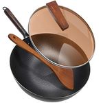 ANEDER Carbon Steel Wok Pan with Lid & Wood Spatula, 12.5" Cast Iron Stir Fry Pan with Flat Bottom and Wooden Handle for Electric, Induction and Gas Stoves