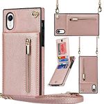 Jaorty Crossbody Phone Case for iPhone XR Case with Card Holder for Women,iPhone XR Case Wallet with Strap Lanyard for Men,PU Leather Magnetic Clasp with Kickstand 6.1", Rosegold