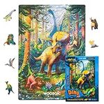 WOOSAIC Original Wooden Dinosaur Jigsaw Puzzle - Triceratops, 100 pcs, 7,4" х 10,5", Smooth Wood Edges, Unique Dino Shaped Pieces, Includes 3D Dino Toy, Learning Gift for Kids & Adults