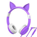 iClever HS01 Kids Headphones with Mic, Volume Limited 85/94dB, Purple Cat Ear Headphones for Teens Girls Boys, Wired Todders Earphones for School/Travel/Tablet/Chromebook,Food Grade Safe