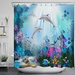 LB Dolphin Shower Curtain for Kids Bathroom Fish Coral Reef in Blue Ocean Shower Curtains with 12pcs Hooks,Waterproof Anti-mold Polyester Fabric,71x71 inches, Underwater World