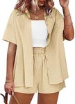 IN'VOLAND Women's 2 Pieces Outfits Plus Size Short Sleeve Button Down Blouse and Shorts Cotton Linen Sets Streetwear with Pockets Khaki,22W