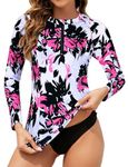 Tanst Sky Rash Guard for Women,Bathing Suit Top Swim Shirt Swimwear Quarter Zip Athletic UV Protection Clothing Lightweight Stretchy Snorkeling Surfing Fishing Swimsuit Floral White Large