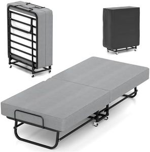 RVONOW Folding Bed with Mattress, Portable Fold Up 79x190cm Bed for Adults, Space Saving Foldable Single Guest Beds on Wheels, 6cm Thick Memory Foam Mattress and Metal Frame