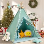 WIRHAO Teepee Tent for Kids with Padded Mat Cotton Canvas Kids Tent with Pompom for Toddlers Indoor Play Tent for Girls Boys with Stars Lights, Carry Bag, Banner Flag (Green)