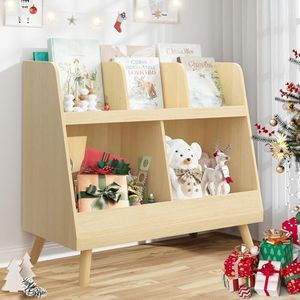 Curipeer Kids Bookshelf and Toy Organizer, 5 Cubbies Wooden Open Bookcase, 2-Tier Baby Storage Display Organizer with Legs, Free Standing Bookshelf for Playing Room, Nursery, Natural Wood Color