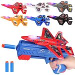 6 Pack Gliders Plane for Kids, Toy Aeroplane Foam Airplane Launcher with 6 Stickers LED Flying Outdoor Toys for Boys Girls Age 4-12, Fighter Catapult Gun Planes Shooting Game Xmas Birthday Gift