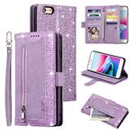 UEEBAI Wallet Case for iPhone 6 Plus iPhone 6S Plus, Retro 9 Card Holder Slots Zipper Pocket Handbag Case PU Leather Magnetic Closure Kickstand Wrist Strap TPU Shockproof folio Case - Glitter Purple