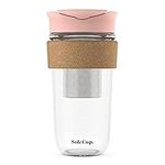 SoleCup. Large Travel Mug Loose Tea Infuser - Detachable Tea Strainer with Spill Proof Lid - 18oz/530ml BPA-Free Reusable Glass Travel Coffee Cup with Cork Band (Pink)