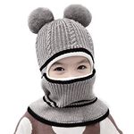 Winter Kids Hats, Windproof Winter Earflap Hood Hat Scarf Set, Warm Knit Hat Scarves with Pompoms Kids Knitted Beanie Hat Scarf Set Neckerchief Warm Winter Crochet Hat Set for Kids 2-4 Years Grey