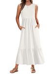 AUSELILY Summer Dresses for Women UK Sleeveless Maxi Dresses Ladies Beach Coverups Sun Dresses Tiered Long Dress with Pockets White