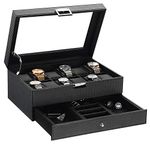 BEWISHOME Watch Box Organizer with Valet Drawer - Real Glass Top, Adjustable Tray, Metal Hinge, Carbon Fiber Design - 12 Slots Watch Storage Case for Men, Black SSH02C