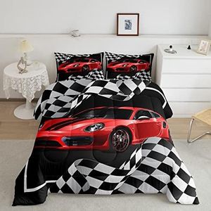 Red Race Car Comforter Set Twin Size, Black White Lattice Bedding Set 2pcs for Kids Boys Teens Room Decor,Extreme Sport Games Quilt Set,Cool Modern Duvet Insert with 1 Pillowcase