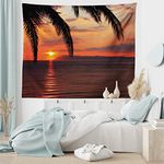 Ambesonne Tropical Tapestry, Sunrise on Sea Palm Trees Exotic Holiday Honeymoon Romantic Beach Morning Scene, Wide Wall Hanging for Bedroom Living Room Dorm, 80" X 60", Orange Yellow