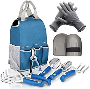 Botana Garden Tools Set 9-Piece – Heavy Duty Aluminum Gardening Supplies, Ergonomic Handles, Multi-Pocket Tote Bag, Pruning Shears, Knee Support Pads, Gloves, Ideal for Planting & Weeding, Blue/Grey