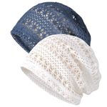Women Lace Mesh Blue White Chemo Beanie Caps Cancer Head Wraps Slouchy Hats Sleep Head Scarf for Cancer Patient