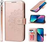 Cavor Wallet Case for iPhone 13 PU Leather Case Magnetic Clasp 3D Embossed Flower Women Flip Folio Kick stand with Card Holder Wristlet Hand Strap Protective Cover for iPhone13 6.1'' -Flower Rose Gold