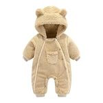 Fairy Baby Hooded Snowsuit Newborn Baby Warm Romper Fleece Snowsuit Cartoon Flannel Zipper Jumpsuit Thin Fall Winter Outfits (0-3 Months, Thin-beige)