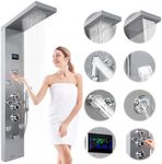 Shower Panel Tower System - with Rainfall Waterfall Head and Adjustable Massage Body Jets LED Temperature Display Handheld Sprayer Stainless Steel Brushed Nickel and Chrome Wall Mount Shower Panels