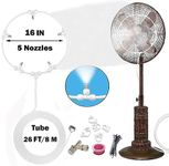 Patio Misters for Cooling Outdoor with 16 Inch Misting Fan Kit - 26ft Water Mister Spray Tube& 5 Removable snap-in Copper Nickel-Plated nozzles for Cooling Patio Garden Greenhouse Breeze(White)