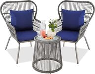 Best Choice Products 3-Piece Patio Conversation Bistro Set, Outdoor All-Weather Wicker Furniture for Porch, Backyard w/ 2 Wide Ergonomic Chairs, Cushions, Glass Top Side Table - Gray/Navy