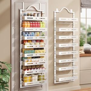 8-Tier Pantry Door Organizer, Large 2 IN 1 Wall Mount or Over The Door Pantry Organizer, Pantry Door Spice Rack with Adjustable Baskets, Over Door Organizer for Kitchen,(72.6×17.1×5.1in, White)