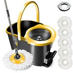 MASTERTOP Spin Mop and Bucket with Wringer Set, Mop Bucket System with Foot Pedal, 360°Rotation, 5 Microfiber Mop Pads, 1 Floor Brush, Hardwood Floor Cleaning System