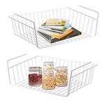 WEERSTONE Under Shelf Storage Basket, Under Shelf Hanging Metal Wire Storage Basket Organizer Removable for Kitchen, Cupboards, Shelves, Cabinet, Bathroom, Office (2 Pack White)