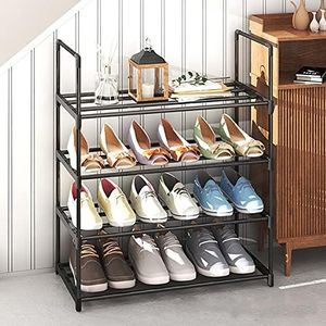 NBEST 4-Tier Shoe Rack, Stainless Steel Shoe Storage Organizer, Hold up to 15 Pairs of Shoes, Stackable Shoe Tower for Living Room, Entryway (Black 55cm 4-Tier)