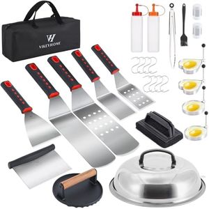 VIKEYHOME Griddle Accessories Kit, 28 Pcs Griddle Grill Tools Set, Professional Grill BBQ Spatula Set with Basting Cover, Spatula, Scraper, Bottle, Tongs, Egg Ring