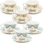 Sparkle and Bash Set of 6 Vintage Floral Tea Cups and Saucers for Tea Party Supplies, Perfect for Bridal Showers, Garden Parties, Brunch Gatherings, Afternoon Teas & Receptions (Blue, Pink, 8oz)