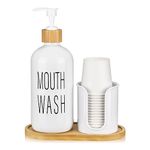 BYAWAY Glass Mouthwash Dispenser with Cup Holder - 16 oz Pump Bottle White Mouthwash Container for Bathroom - 14 Mouthwash Cups,Bamboo Tray and Funnel Included