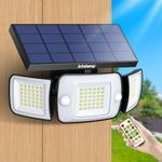 intelamp Solar Security Flood Lights Outdoor Motion Sensor with Remote Control,Waterproof Outdoor Solar Light, 6000mAh Battery 4W Solar Panel 3M Cable 2 Sensors Solar Lights for Garden Pathway