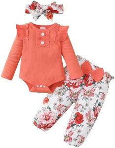 SUNNY PIGGY Baby Girl Clothes Infant Newborn Outfits Ruffle Long Sleeve Romper Tops Floral Orange Pants Set Baby Girl Clothes With Headband 12-18 Months