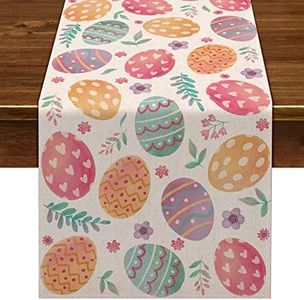 Nepnuser Linen Happy Easter Table Runner Spring Easter Egg Decoration Farmhouse Home Dining Room Kitchen Table Decor (13" x 72")