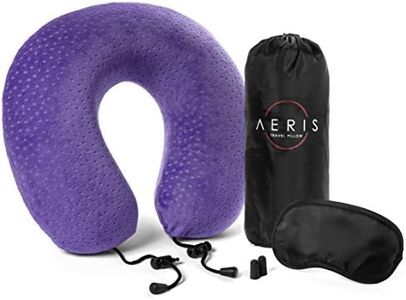 aeris Purple Travel Pillow for Airplanes and Car - Memory Foam Neck Pillow with Sleep Mask, Earplugs, Carry Bag, Adjustable Toggles, Machine Washable Velour Cover, Purple