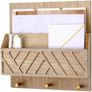 BLU MONACO Wall-Mounted Mail and Key Holder – Natural Wood 2-Tier Letter Organizer with 3 Hooks | Entryway Command Center for Mail, Keys, and Documents