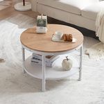 VINGLI 25.6" Natural White Round Farmhouse Coffee Table, 2-Tier Storage Wood Center Circle Accent Table for Living Room, Bedroom, Apartment, Studio and Small Spaces, Sturdy Metal Frame, Natural Color